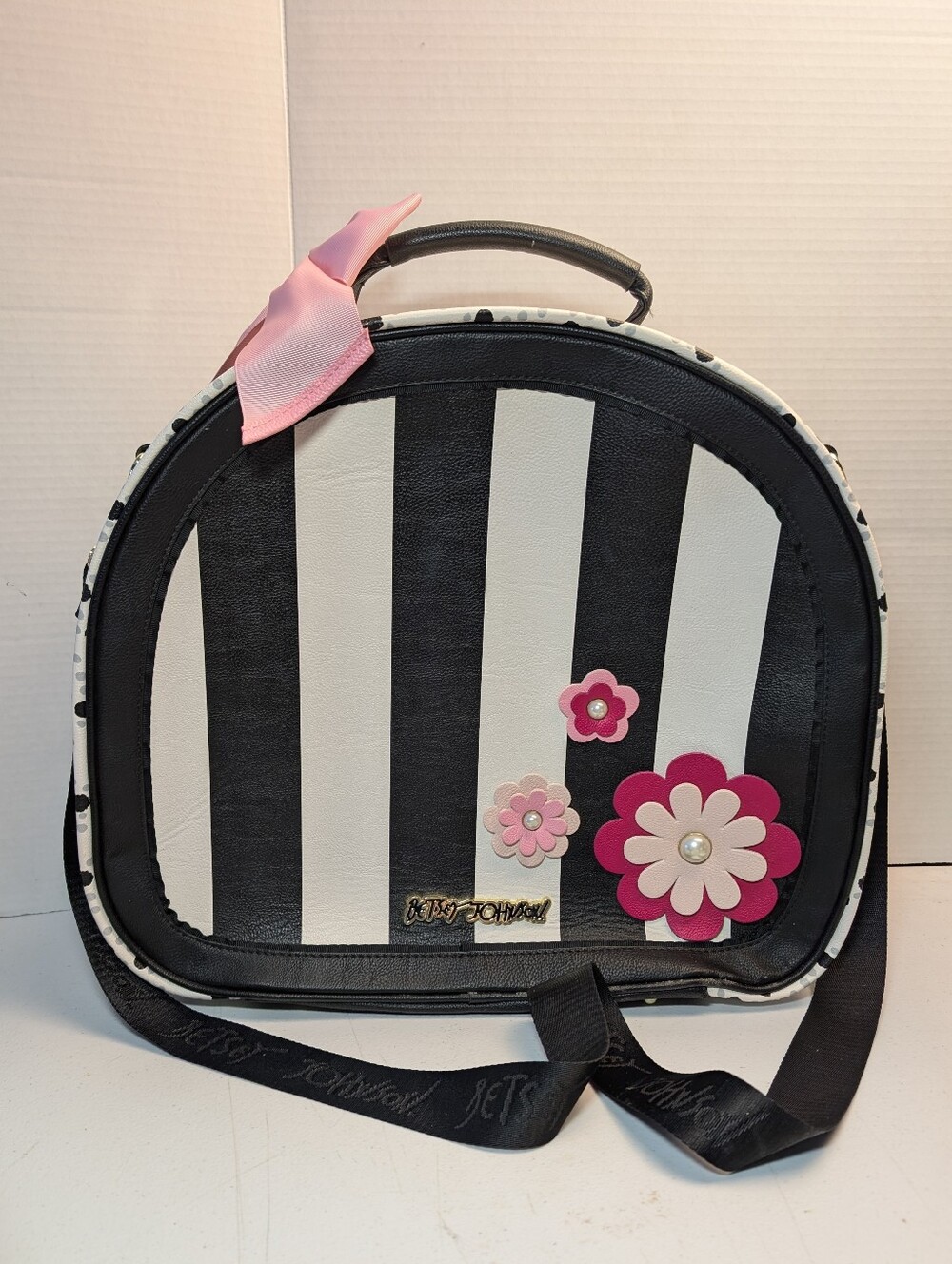 Betsey Johnson Carry-on Weekender Bag Black & White Striped w/ Long Strap